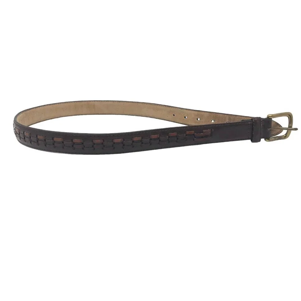Mens Woven Design Dress Belt Brown Size 34 Genuine Bonded Leather Brass Buckle